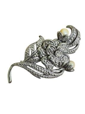KJL For Avon Antique Impression Pin Silver Floral Brooch Marcasite Pearls 1991
